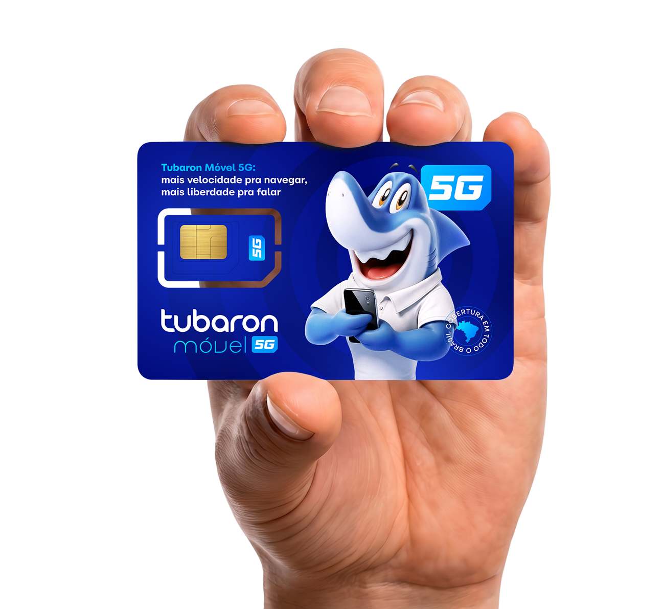 Mão segurando o chip Tubaron Móvel 5G
